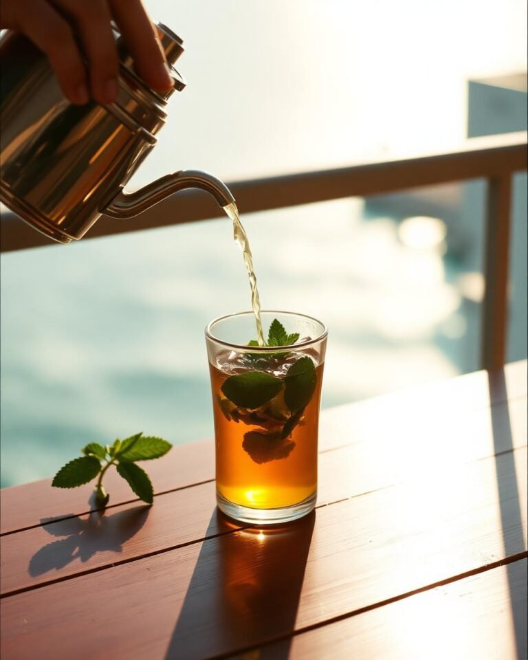 Minztee auf der Terrasse beim Surfurlaub allein